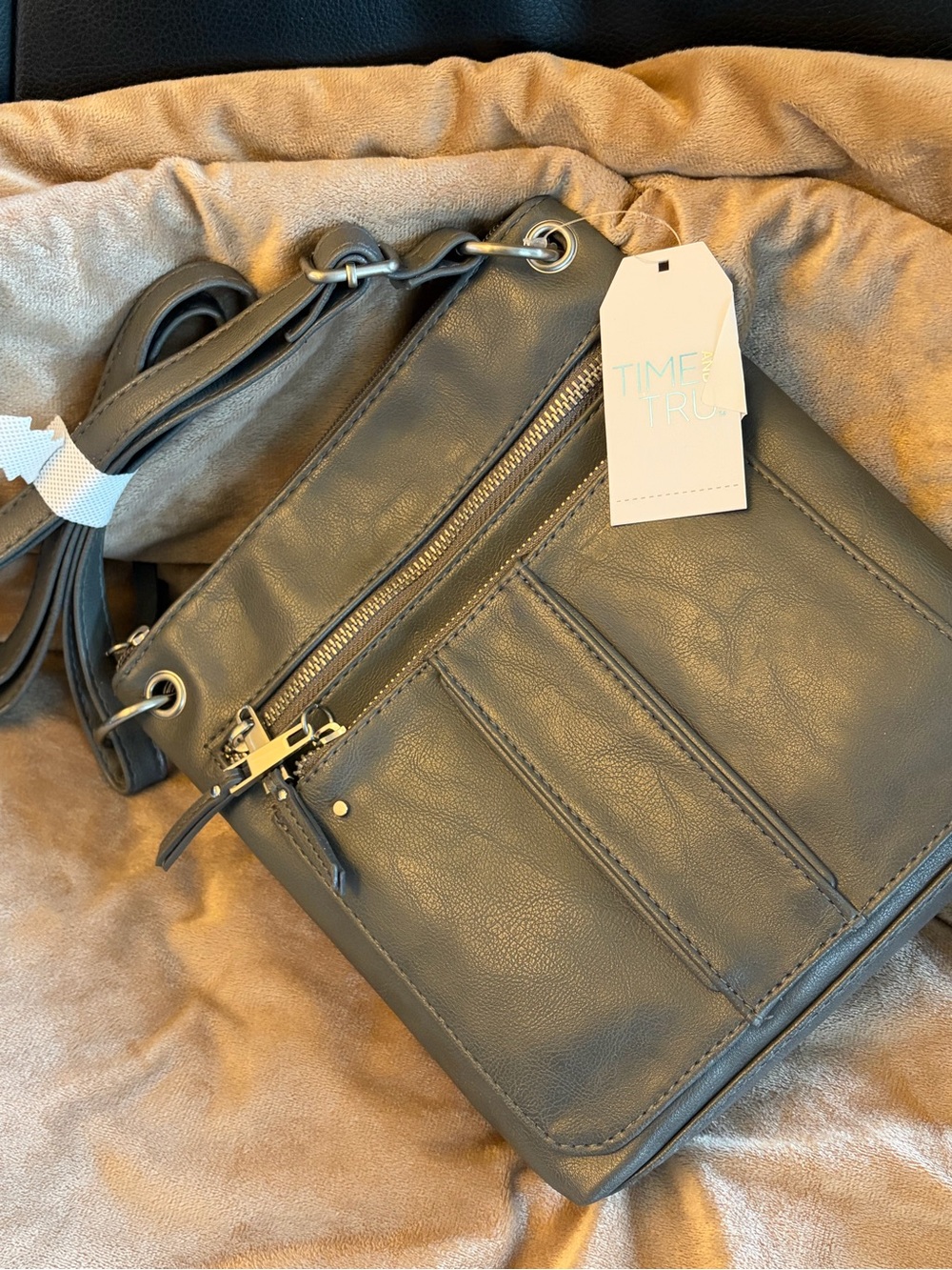 Time and Tru Gray Faux-Leather Crossbody Bag